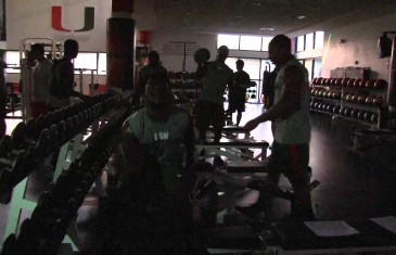 Univeristy of Miami football works out with Live DJ & Strobe Lights at 5:30am