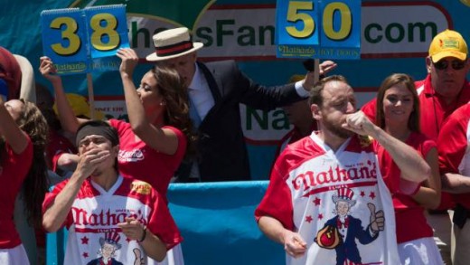 Joey Chestnut eats 70 hot dogs at the 2016 Nathan’s annual hot dog eating competition