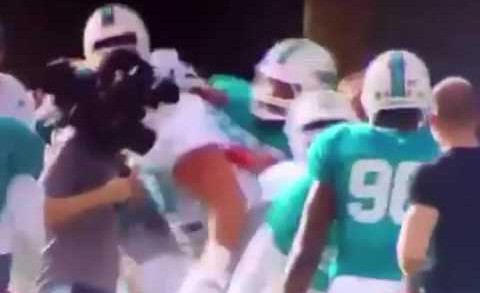 Laremy Tunsil gets his first taste of Dolphins camp with a teammate scuffle