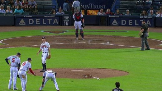 Dansby Swanson gets hit by his own catcher during warm ups