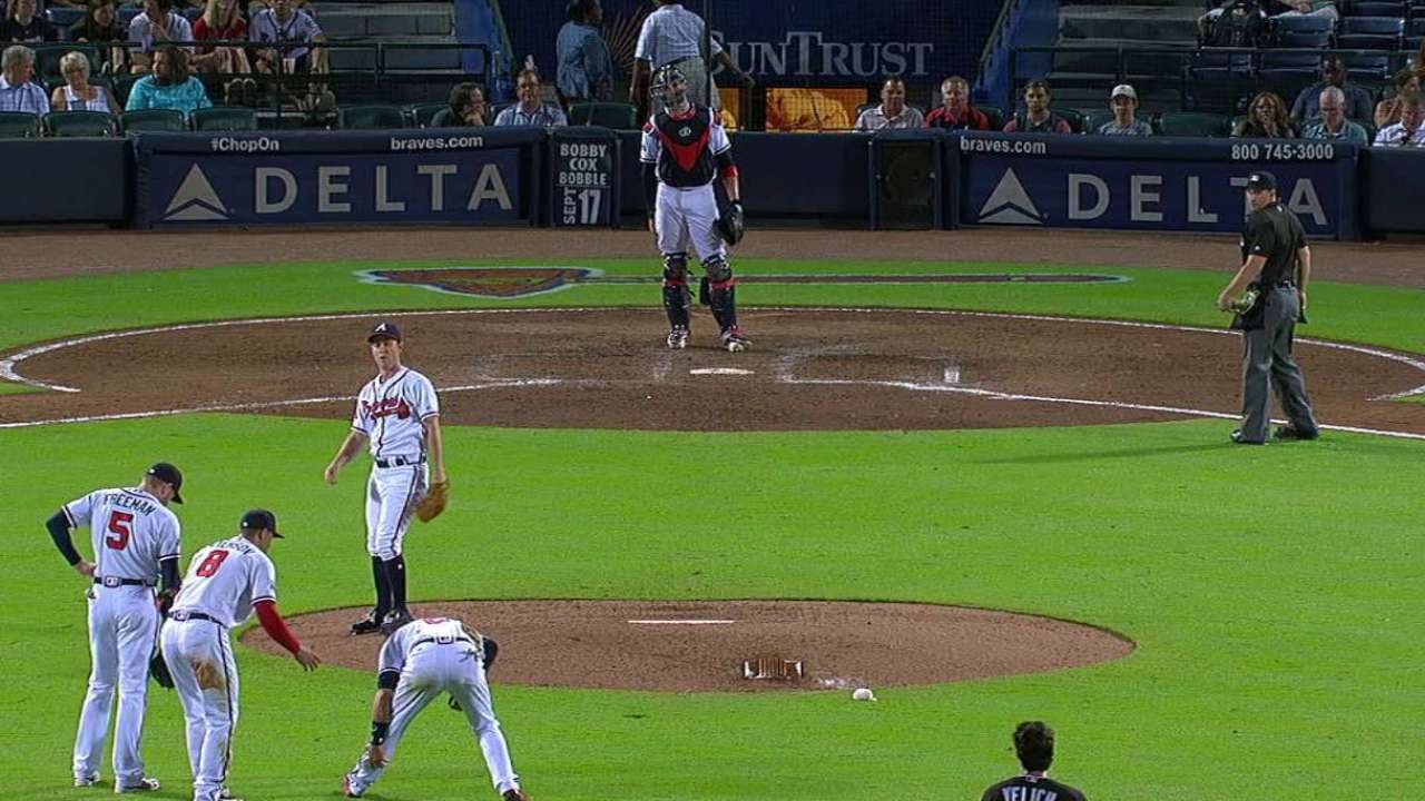 Dansby Swanson gets hit by his own catcher during warm ups