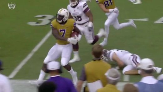 Leonard Fournette stiff arms Mississippi State defender into the ground