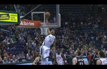 Giannis Antetokounmpo throws down a vicious slam