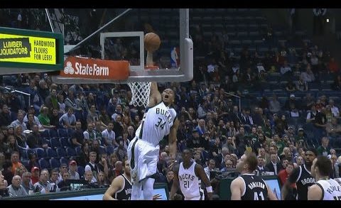 Giannis Antetokounmpo throws down a vicious slam