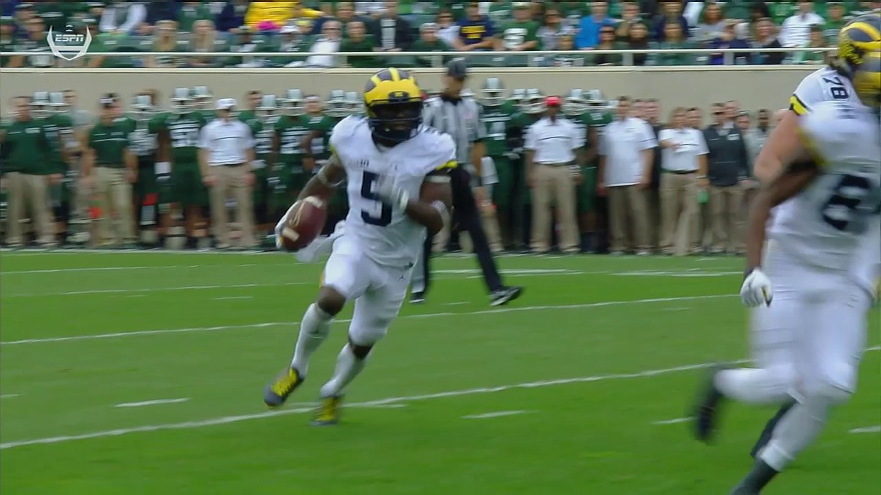 Michigan's Jabrill Peppers dives for the pylon to get the touchdown