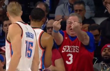 Philadelphia 76ers fan gives Russell Westbrook two middle fingers to his face
