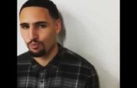 Klay Thompson casually drinks a beer during interview