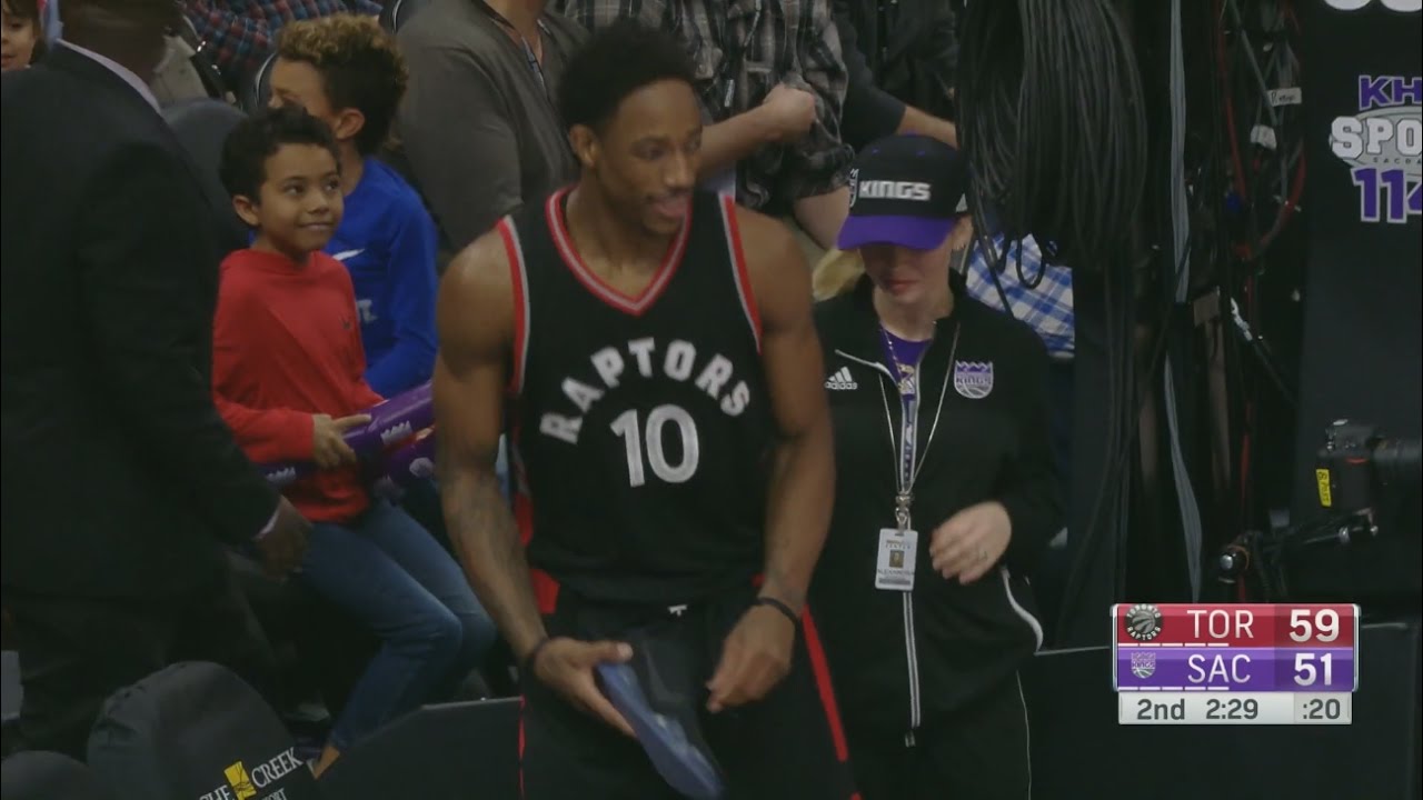 Rudy Gay throws DeMar DeRozan's shoe & hits a fan in the face with it