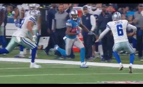 Cowboys punter Chris Jones lays out & tackles return man