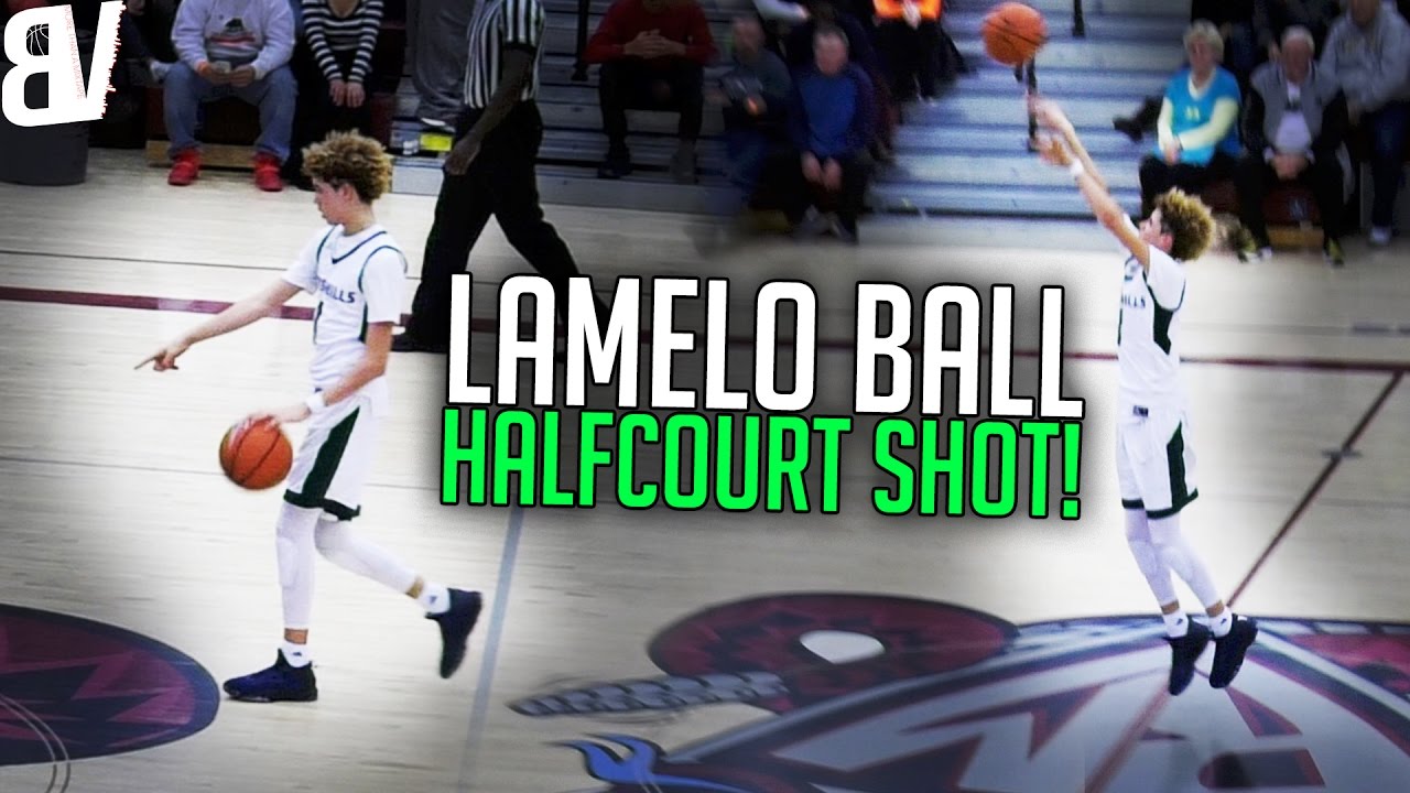 High school player LaMelo Ball pulls up from half court & hits it
