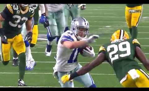 Green Bay’s Kentrell Brice drives Cole Beasley into the ground head first