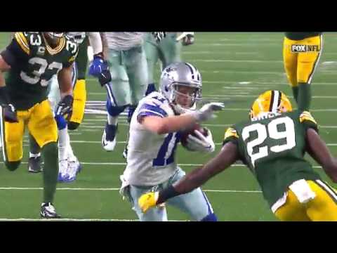 Green Bay's Kentrell Brice drives Cole Beasley into the ground head first