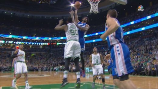 Joel Embiid posterizes Amir Johnson in Boston