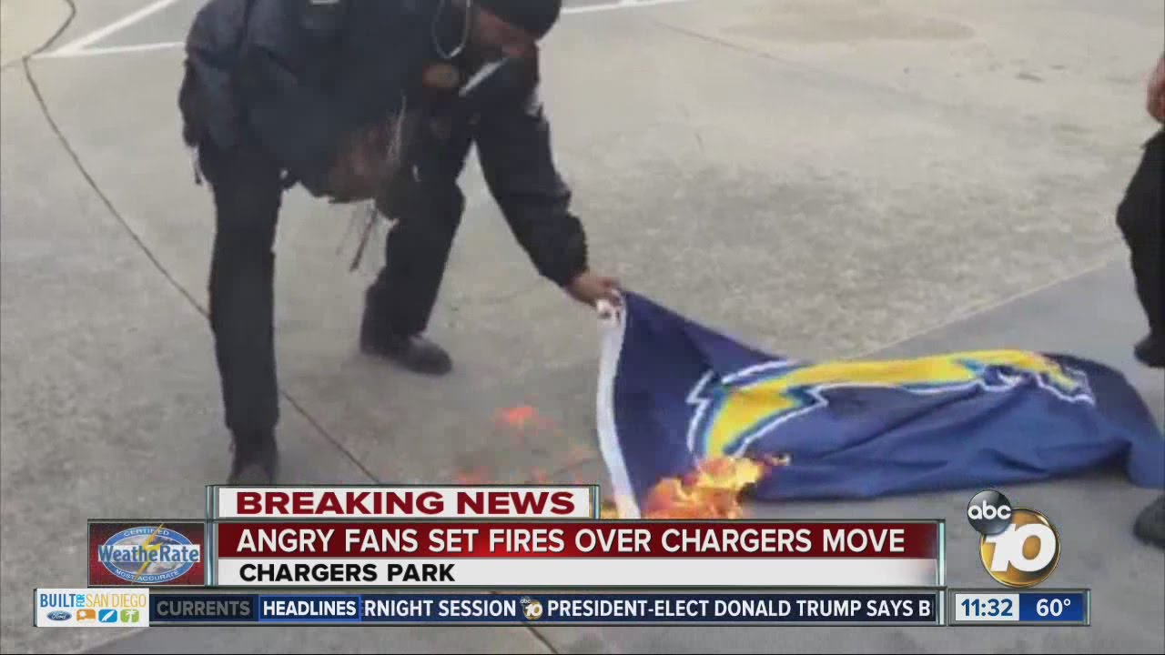 San Diego Chargers fans dump Chargers merchandise at team headquarters