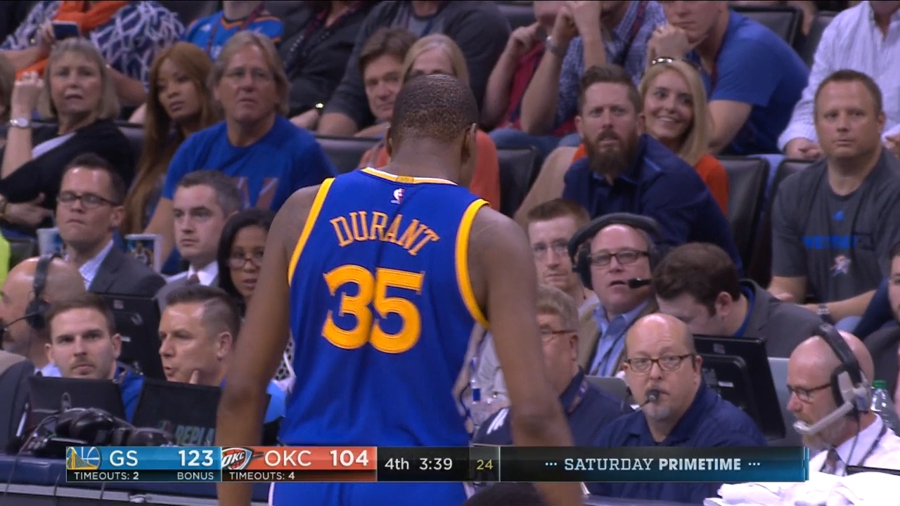 Kevin Durant hits a deep 3-pointer in Russell Westbrook's face