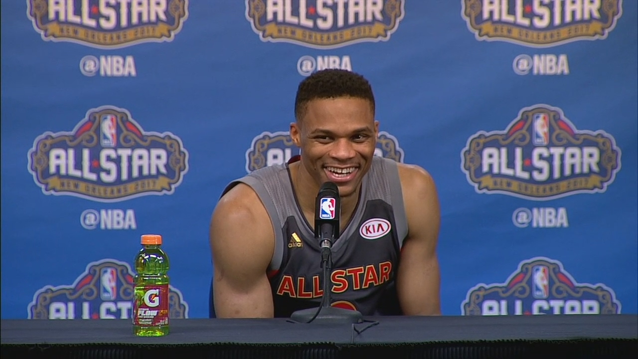 Russell Westbrook shoots down a reporter asking about his alley oop with Kevin Durant