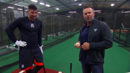 Detroit’s Nick Castellanos demos his hitting off of a tee