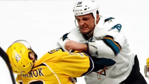 San Jose’s Micheal Haley drops Calle Jarnkrok with a huge punch to the face