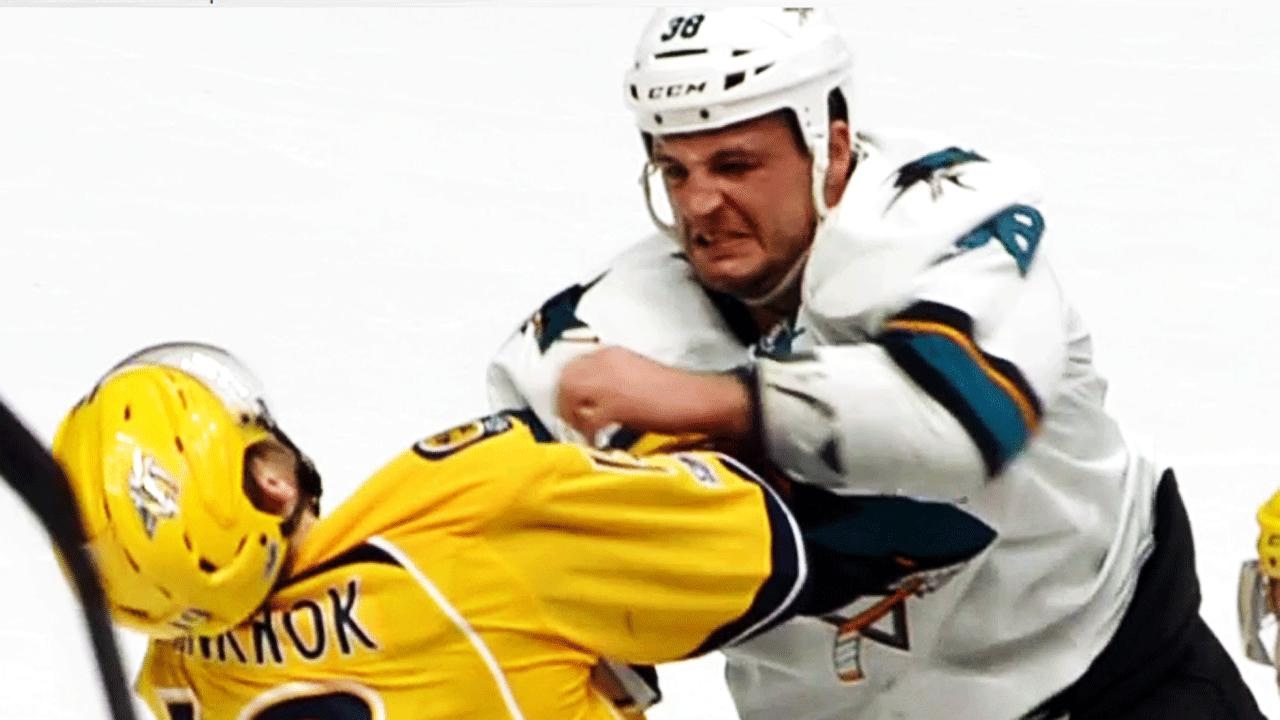San Jose's Micheal Haley drops Calle Jarnkrok with a huge punch to the face