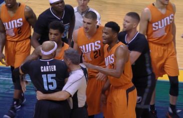 Vince Carter elbows Devin Booker causing a scrum with Phoenix