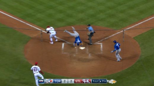 Chris Coghlan jumps over Yadier Molina in full Willie Mays Hayes mode