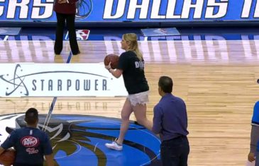 Dallas Mavericks fan hits half court shot in Dirk Nowitzki shirt