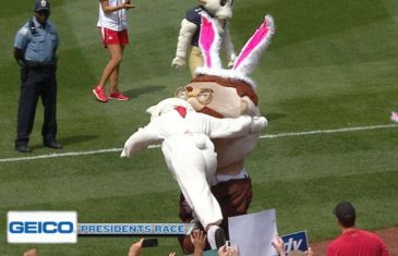 Easter bunny lays a spear on Teddy Roosevelt at Washington Nationals game