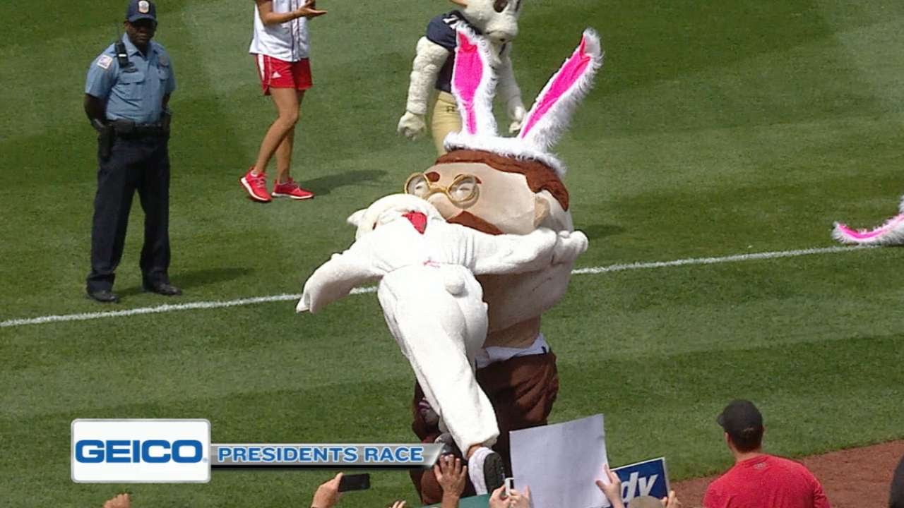 Easter bunny lays a spear on Teddy Roosevelt at Washington Nationals game