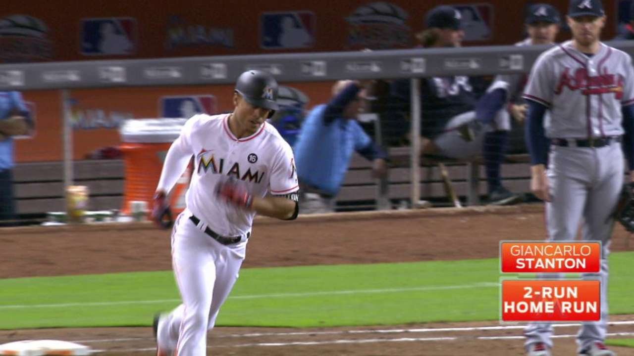 Giancarlo Stanton drills a homer into the Clevelander pool at Marlins Park