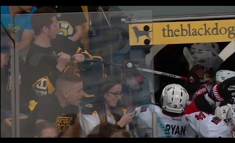 Salty Bruins fan tries to steal Ottawa Senator players stick after loss