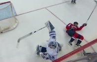 Toronto Maple Leafs goalie Frederik Andersen lays a hip check vs. Washington