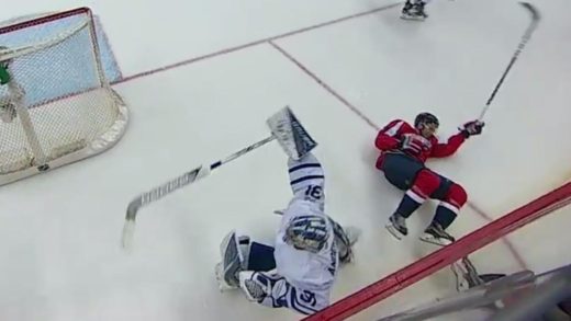 Toronto Maple Leafs goalie Frederik Andersen lays a hip check vs. Washington