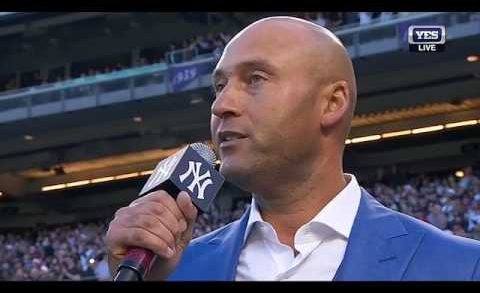 Derek Jeter speaks to New York after having his jersey retired by the New York Yankees