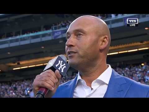 Derek Jeter speaks to New York after having his jersey retired by the New York Yankees