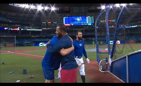 Edwin Encarnacion greets his former teammates Jose Bautista & Troy Tulowitzki