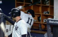 Yankees outfielder Brett Gardner destroys a recycling bin with his bat