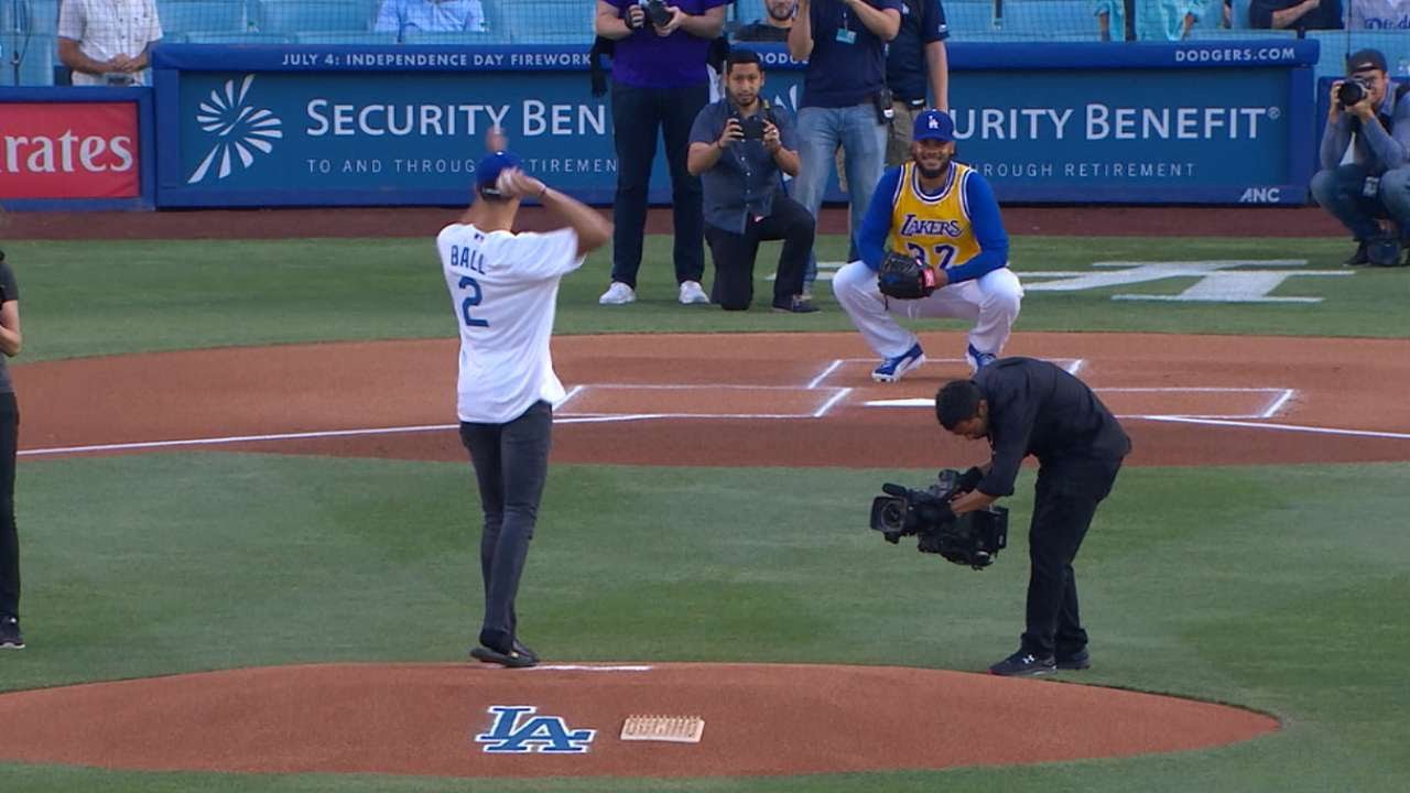 Lonzo Ball throws out first pitch at Los Angeles Dodgers game