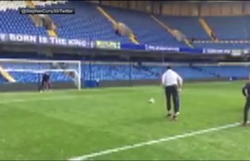 Steph Curry knocks back penalty kick at Stamford Bridge