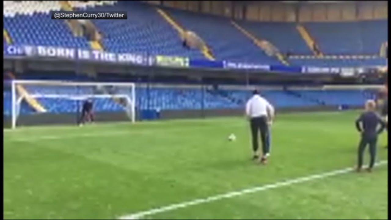 Steph Curry knocks back penalty kick at Stamford Bridge