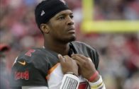 Jameis Winston laucnhes a bomb to Mike Evans in the end-zone