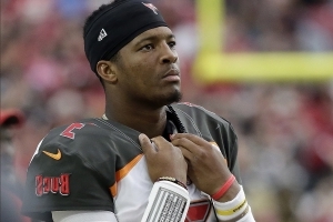 Jameis Winston laucnhes a bomb to Mike Evans in the end-zone