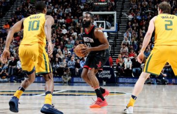 James Harden and Donovan Mitchell trade baskets in Utah