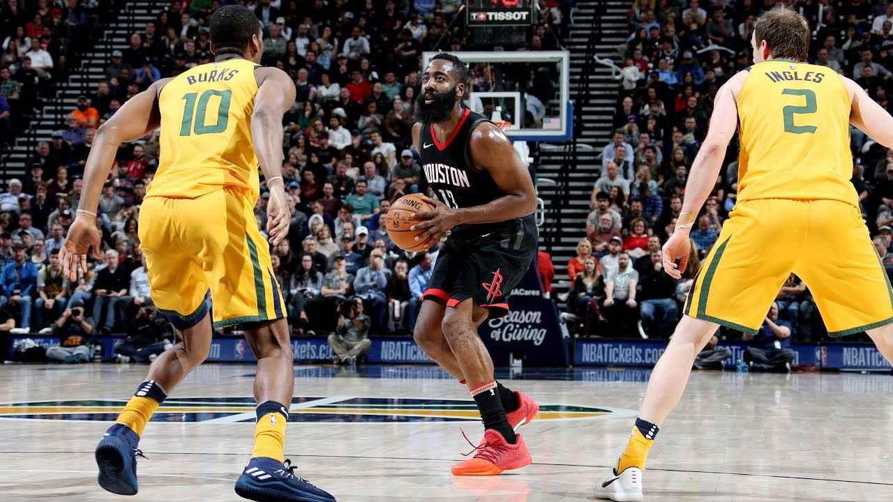 James Harden and Donovan Mitchell trade baskets in Utah