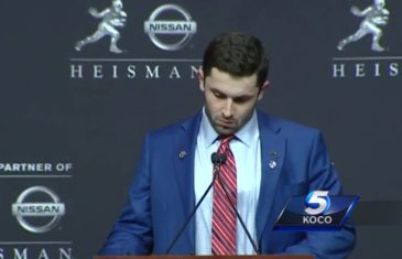 Oklahoma’s Baker Mayfield answers questions after winning the Heisman Trophy