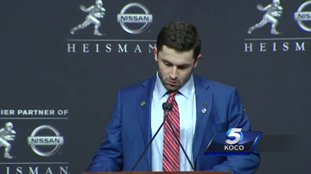 Oklahoma's Baker Mayfield answers questions after winning the Heisman Trophy