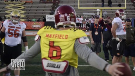 Baker Mayfield works on QB & Center exchange after Senior Bowl fumble