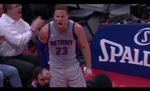 Blake Griffin gets amped up after stuffing former teammate Montrezl Harrell at the rim