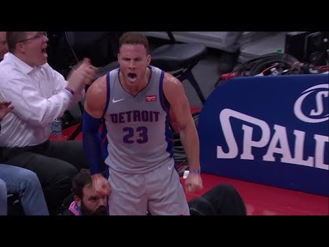 Blake Griffin gets amped up after stuffing former teammate Montrezl Harrell at the rim