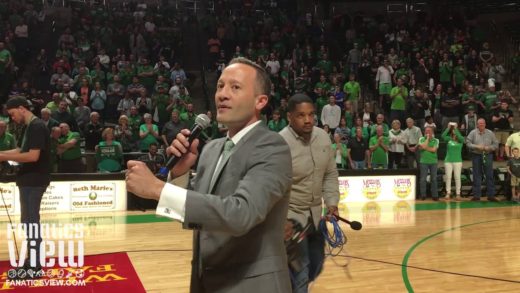 Head coach Grant McCasland speaks to Mean Green fans after CBI win