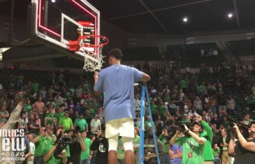 UNT cuts down the net after taking home the CBI Championship